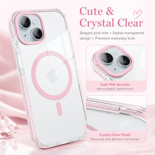 GUAGUA Magnetic for iPhone 14 Case & iPhone 13 Case, [Compatible with Magsafe] Military Shockproof Protective Bumper Cute Transparent Slim Anti-Yellowing Phone Cover for iPhone 14/iPhone 13,Clear Pink - size: iPhone 14/iPhone 13