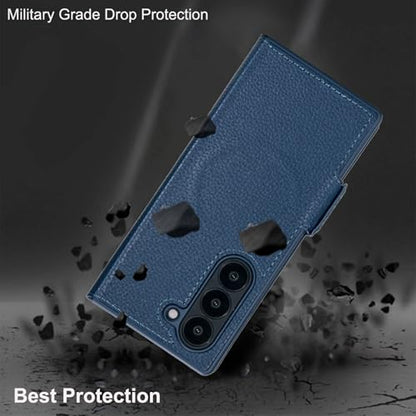 for Samsung Galaxy Z Fold 7 Wallet Case with Card Holder Slots & Compatible with MagSafe, RFID Blocking, Hinge Protection, Magnetic Luxury Leather Slim Wallet Folio Phone Cover (Blue) - color: Blue, size: Z Fold 7