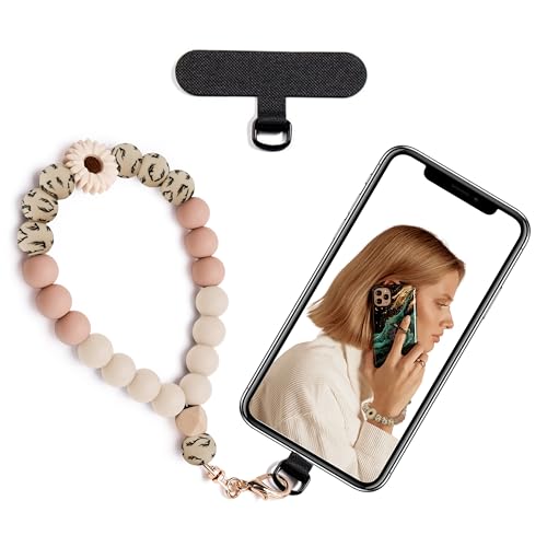 Silicone Beaded Phone Wrist Strap for Women, Elastic Wristlet - color: Khaki Daisy