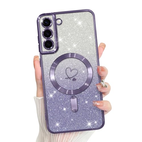 Bonoma Compatible with Samsung Galaxy S22 Case Heart Glitter -Purple | Support for MagSafe, Plating Magnetic Case TPU Camera Protection Back Cover for Phone Case - color: Purple, size: Samsung Galaxy S22