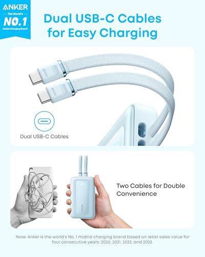 Anker Power Bank,20,000mAh 45W Portable Charger,Dual Built-in USB-C Cables - color: Blue, size: Built-in C cable*2
