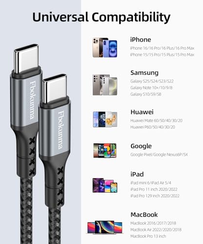USB C to USB C Cable 1ft 4Pack, 12 Inch Nylon Braided 60W USB Type C Fast Charging Cable for iPhone 16/16 Plus/16 Pro Max/15/15 Plus/15 Pro Max, MacBook Pro, iPad Pro Air, Samsung S24/S24 Ultra/S23