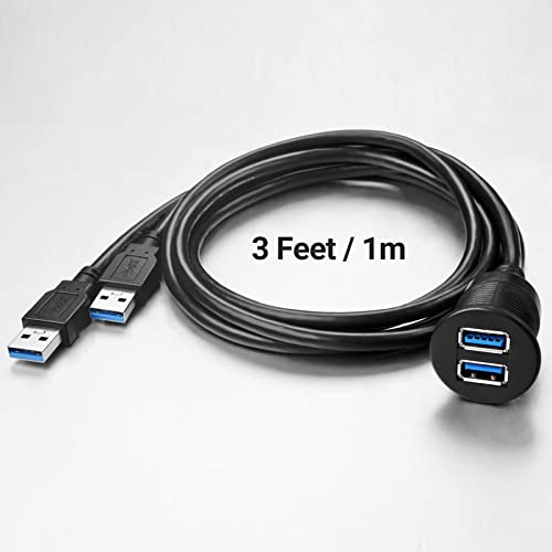 2 Ports USB 3.0 Extension Cable, Flush Mount Car Truck Boat Motorcycle Dashboard Panel Adapter-3 Feet