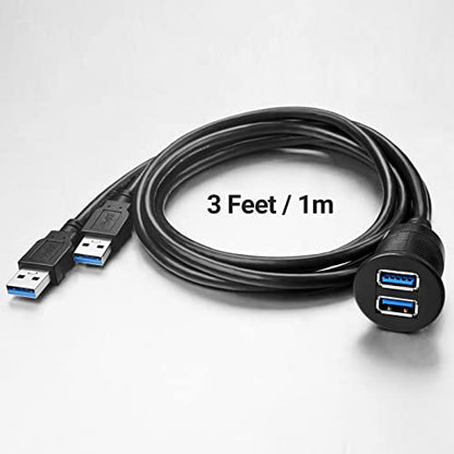 2 Ports USB 3.0 Extension Cable, Flush Mount Car Truck Boat Motorcycle Dashboard Panel Adapter-3 Feet
