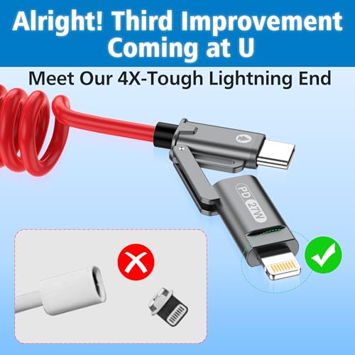 AGVEE 3ft 4-in-1 Coiled Multi Charging Charger Data Transfer Cable - color: Red, size: 3ft