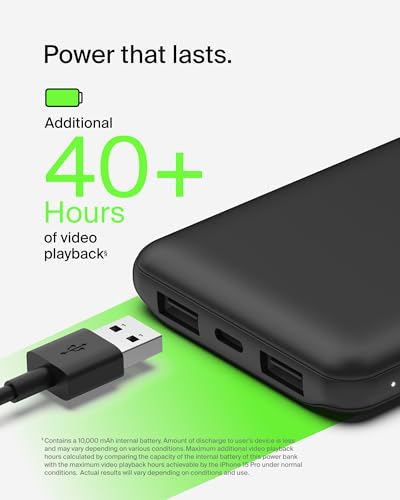 Belkin 10000mAh 15W 3 Port Power Bank, USB A to USB C Cable Included | Fast Charging, iPhone 17, Samsung Galaxy, Pixel, Airpods, iPad, Nintendo Switch 2, Battery Pack, USB C Port, USB A Port - color: Black