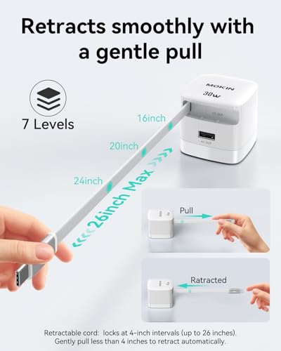 USB-C Charger Block, 30W Max GaN 2 Port Fast Charging w/Built-in Retractable C Cable & Foldable Plug, PD/PPS for iPhone 16Pro Max/16/Pixel 9 pro/Galaxy/iPad/MacBook,Compact Travel Charger - color: 30W*White