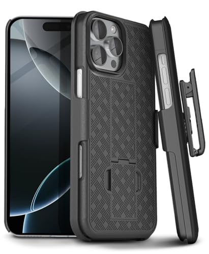 MOTIVE for iPhone 16 Pro Case with Belt Clip, Rigid, Kickstand | 6.3" | Ranger v1 Series, Black, 360° holster, open-top/open-bottom port access, textured grip, slim - size: iPhone 16 Pro