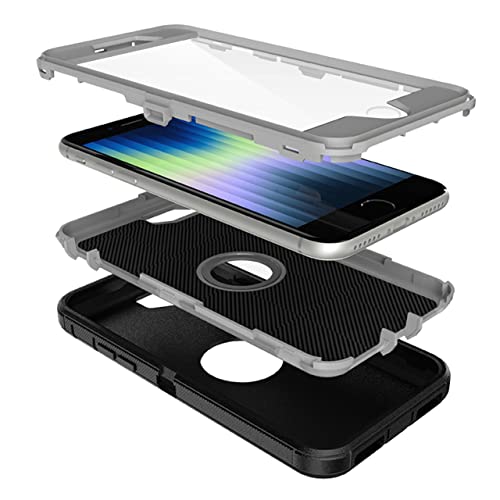 MXX Heavy Duty Protective Case for iPhone SE 2020/22 with Screen Protector, 3 Layers, Rugged Rubber, Rotating 360 Degree Belt Clip, Black/Gray - color: Black/Gray