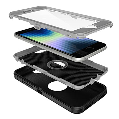 MXX Heavy Duty Protective Case for iPhone SE 2020/22 with Screen Protector, 3 Layers, Rugged Rubber, Rotating 360 Degree Belt Clip, Black/Gray - color: Black/Gray