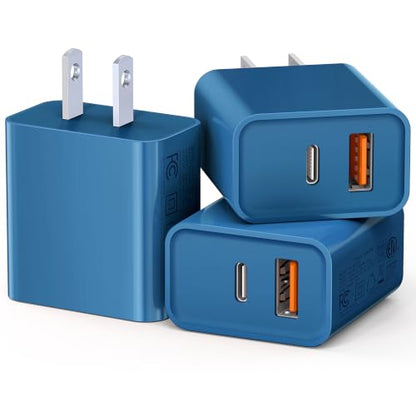 USB C Wall Charger, 3Pcs 20W PD + QC USBC Charger Block Super Fast Power Output Rapid Charging Box Wall Plug Cube for iPhone 16/17, Samsung Galaxy S24, Motorola, LG, Google Pixel 6Pro(Sea Blue) - color: Dark Blue