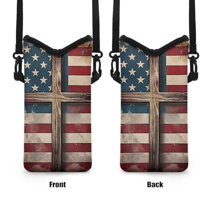 Small Cell Phone Crossbody Bag for Women Men Waterproof Neoprene Phone Bag Purse with Shoulder Strap Multifunctional Travel Bag for Cellphone, Keys, Lipstick, American Flag Cross Pattern - color: American Flag Cross Pattern