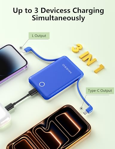 miisso 10000mAh Mini Portable Charger with Built in Cable, Deepblue - color: Deepblue