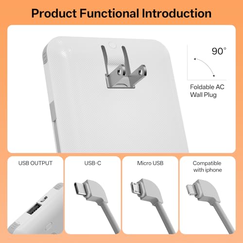 Portable Charger with Built-in Cables and AC Wall Plug, USB C External Battery Pack, 10000mAh Travel Essentials Power Bank Compatible with iPhone17/16/15/14/13, Samsung Galaxy, Pixel,Tablet and More - color: Pure white