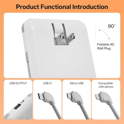 Portable Charger with Built-in Cables and AC Wall Plug, USB C External Battery Pack, 10000mAh Travel Essentials Power Bank Compatible with iPhone17/16/15/14/13, Samsung Galaxy, Pixel,Tablet and More - color: Pure white