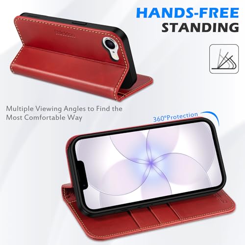 SHIELDON Genuine Leather Case Wallet for iPhone 17e/16e 6.1", Retro Red | Folio Magnetic Closure, RFID Blocking, Credit Card Holder, Kickstand, Shock Absorbing Protective Cover for Men Women - color: Retro Red
