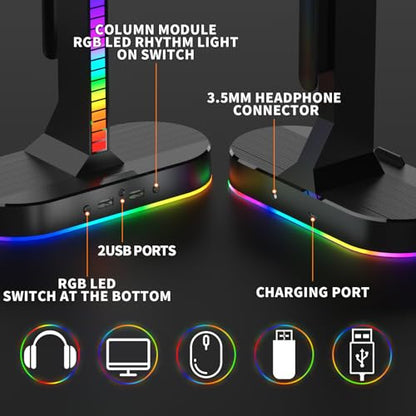 Dual Headphones Stand with Charger for Men, Headset Holder Stand for Desk - color: Black