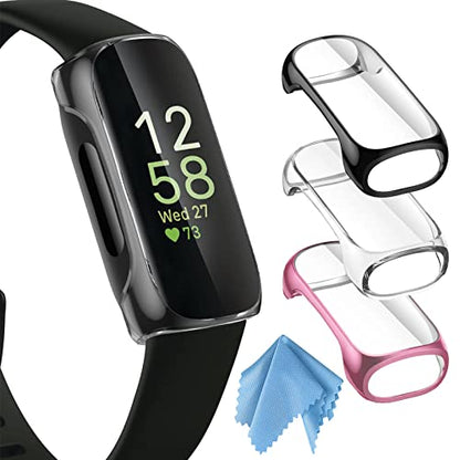 FINTIE 3 Pack Case Compatible with Fitbit Inspire 3 2 HR, Flexible Soft Full-Around watch Screen Protector TPU Case Cover Bumper Shell, Black/Clear/Rose Pink - color: Black+Clear+Rose Pink