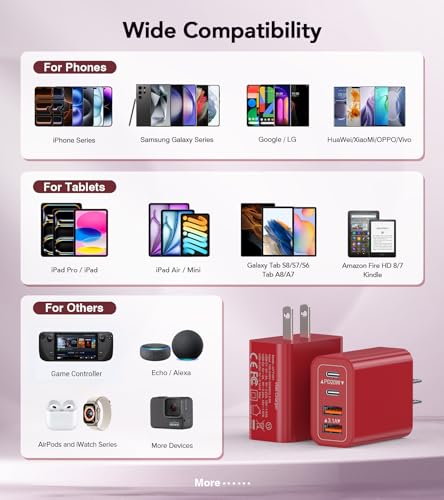 [2Pack] 40W USB C Wall Charger, Super Fast Charging Block PD+QC 4 Port Charger Cube for iPhone 17/16,iPad Pro/Mini/Air, iPod Nano, iPod Touch, Switch, Smart Phone, Smartwatches and Tablet(Red) - color: 40W 2Pack Red