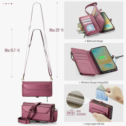 for Samsung Galaxy S24 FE Wallet Case with Card Holder, Red | RFID Blocking Slots, Crossbody Lanyard, Wrist Strap, Zipper Pocket Purse Handbag, Magnetic Closure - color: Red, size: Galxay S24 FE