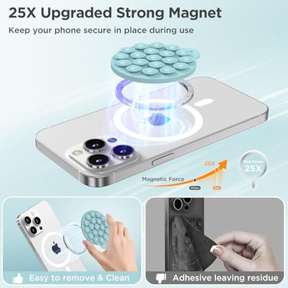 Magnetic Suction Cup Phone Mount, Compatible with MagSafe, Silicone Octo Cup Buddy Sticky Grip Holder for iPhone and Android, Removable Hands-Free Selfie/Video for TikTok, Light Cyan - color: Light Cyan