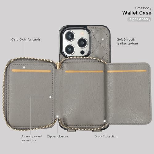Bocasal Crossbody Wallet Case Card Holder for iPhone 15 Pro, Grey | RFID Blocking PU Leather Zipper Handbag Purse, Kickstand Flip Folio Case with Card Slots Holder Wrist Strap Lanyard 6.1 Inch - color: Gray