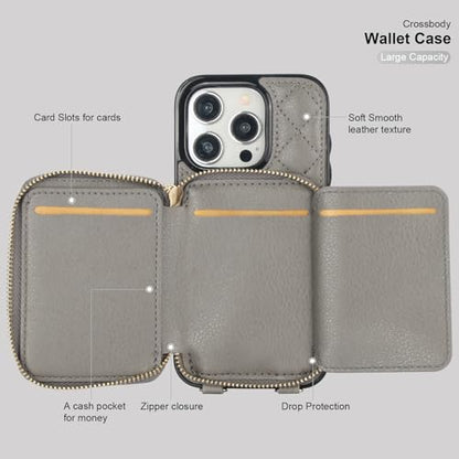 Bocasal Crossbody Wallet Case Card Holder for iPhone 15 Pro, Grey | RFID Blocking PU Leather Zipper Handbag Purse, Kickstand Flip Folio Case with Card Slots Holder Wrist Strap Lanyard 6.1 Inch - color: Gray