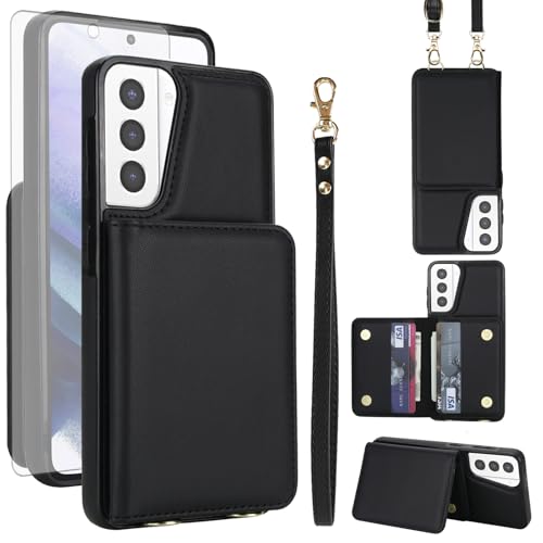 Phone Case for Samsung Galaxy S21 Plus S21+ 5G Wallet Cell Cover with Tempered Glass Screen Protector Wrist Crossbody Strap RFID Blocking Stand Card Holder S21+5G S21plus 21S + S 21 21+ G5 Women Black - color: Black