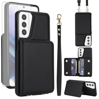 Phone Case for Samsung Galaxy S21 Plus S21+ 5G Wallet Cell Cover with Tempered Glass Screen Protector Wrist Crossbody Strap RFID Blocking Stand Card Holder S21+5G S21plus 21S + S 21 21+ G5 Women Black - color: Black