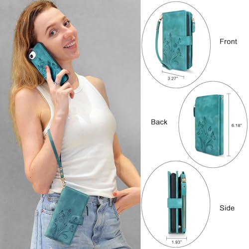Case Wallet Compatible with iPhone 16e/17e, [12 Card Slots] ID Credit Cash Holder Zipper Pocket Detachable Leather Wallet Cover with Wrist Strap Lanyard（Floral Blue Green） - color: Floral Blue Green