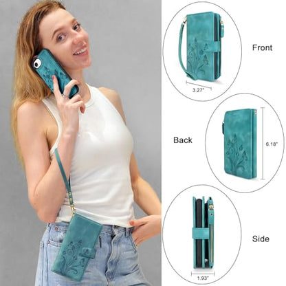 Case Wallet Compatible with iPhone 16e/17e, [12 Card Slots] ID Credit Cash Holder Zipper Pocket Detachable Leather Wallet Cover with Wrist Strap Lanyard（Floral Blue Green） - color: Floral Blue Green