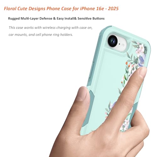 for iPhone 17e Case & iPhone 16e Case: Cute Flowers Floral Design for Girls Women Military Grade Drop Protection TPU Bumper Shockproof Silicone Phone Cover (Mint Green/Magnolia) - color: Mint Green/Magnolia