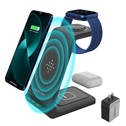 Charging Station for Multiple Devices,3 in 1 Fast Charging Dock for iPhone Series 14/13/12/11/X/8 Plus,Airpods, Desk Wireless Charger for Apple Watch 8/Ultra/7/6/SE/5/4/3/2 with QC3.0 Wall Adapter