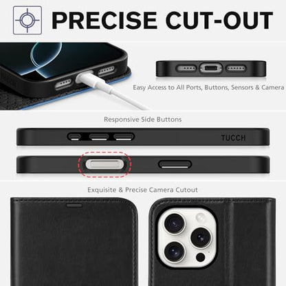 TUCCH Wallet Case for iPhone 16 Pro Max, 4 Card Holders, Black & Light Blue | RFID Blocking, Viewing Stand, Shockproof TPU Shell, PU Leather, Magnetic Closure, Protective Folio Flip Cover - color: Two-tone Black & Light Blue