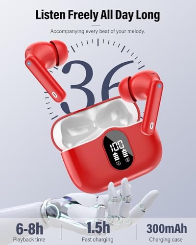Wireless Earbuds, Bluetooth 5.4 Headphones Bass Stereo/Clear Calls, Red - color: Red