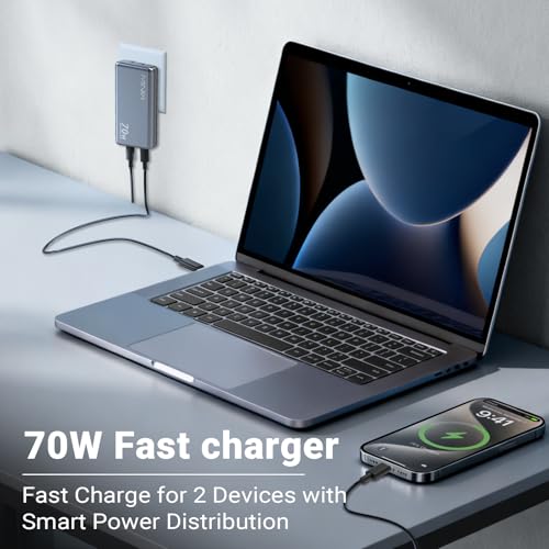 MINIX 70W Flat USB C Wall Charger, Slim Foldable Dual Type C GaN Plug