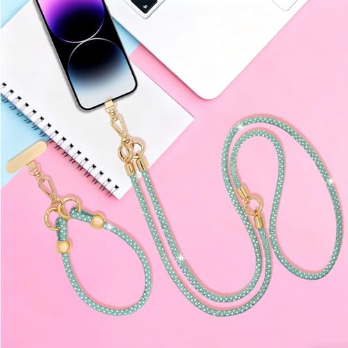 Crystal Phone Strap Crossbody and Wrist Lanyard, Anti Theft Layered & Wrist Strap Cell Phone Neck for Women - color: Green