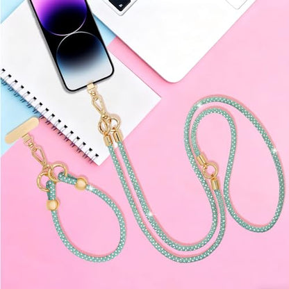 Crystal Phone Strap Crossbody and Wrist Lanyard, Anti Theft Layered & Wrist Strap Cell Phone Neck for Women - color: Green