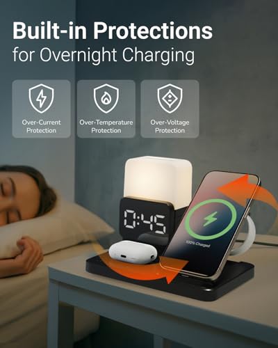 M.A.D LAB Alarm Clock Charging Station with Night Light, Bedside Organizer