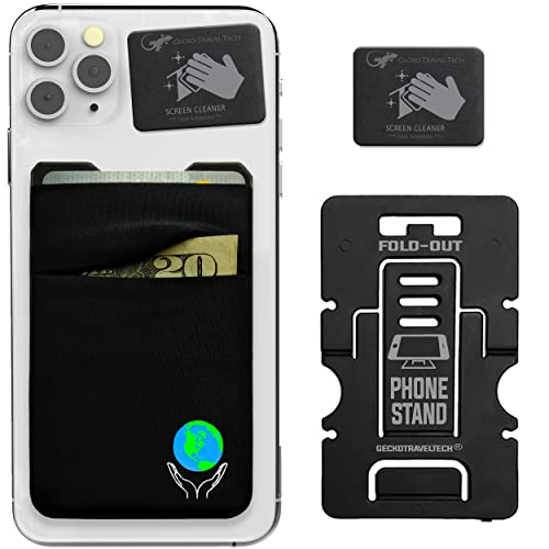 Gecko Travel Tech Double Pocket - Adhesive Card Holder - Cell Phone Pouch - Stick on Spandex Pocket - Carry Credit Cards and Cash (Earth Black) - color: EARTH BLACK