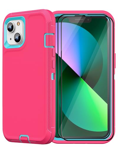 iPhone 13& iPhone 14 Heavy-Duty Case, Military-Grade Shockproof Protection, Includes 2 Tempered Glass Screen Protectors - Pink Blue - color: Pink Blue