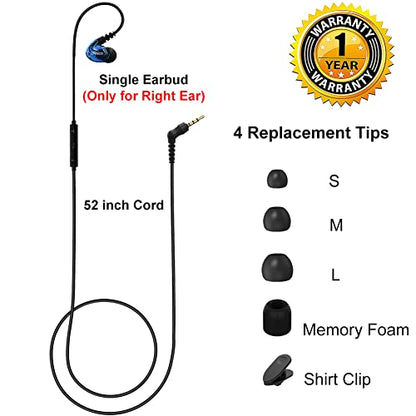 Wired Stereo-to-Mono Single Earbud with Mic and Control, Right Ear Only