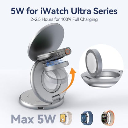 KU XIU X63 3 in 1 Charging Station for Apple, Aluminum Alloy Foldable Magnetic Wireless Charger, Travel Charger for iPhone 16/15/14/13/12 Series, Apple Watch& AirPods(with 20W Adapter)-Silver - color: Silver
