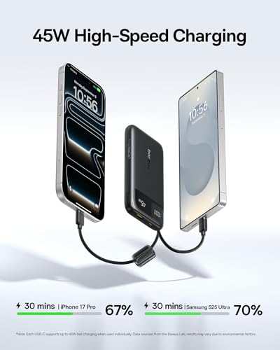 Baseus 45W Ultra Slim 10000mAh Power Bank Built-in USB-C Cables, CCC Certified Portable Charger, Travel Essential Fast Charging Pocket Size Phone Battery Pack for iPhone 18 17 16 Samsung S25 S24 iPad