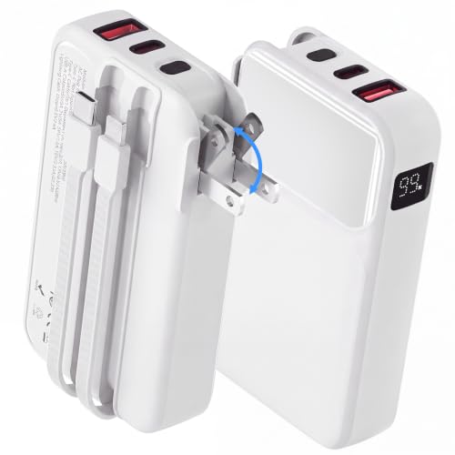 Portable Charger with Built-in Wall Plug, 10000mAh Power Bank with Built-in USB-C and Lightning Cables, 22.5W Fast Charging Battery Pack for iPhone and Samsung and Travel - color: White