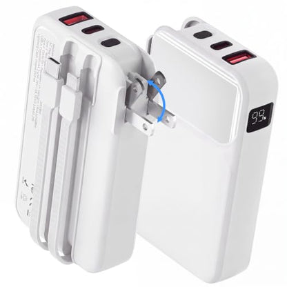 Portable Charger with Built-in Wall Plug, 10000mAh Power Bank with Built-in USB-C and Lightning Cables, 22.5W Fast Charging Battery Pack for iPhone and Samsung and Travel - color: White