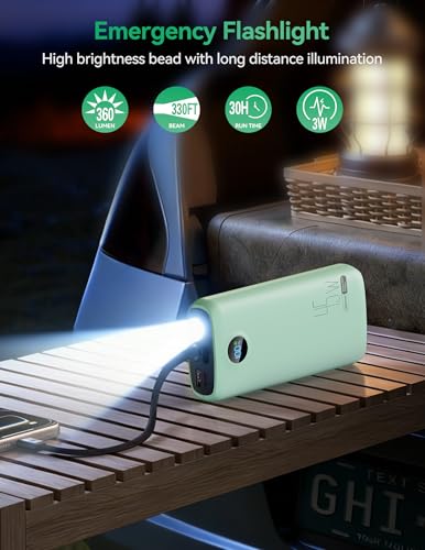 DIAMUAR Portable Charger 20000mAh 45W, Built in USB C Cable, 3W Flashlight - color: Natural Teal