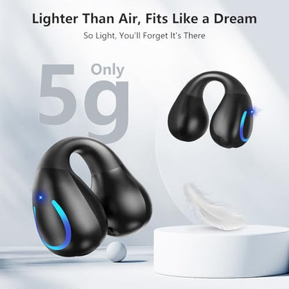 Open Ear Bone Conduction Headphones Bluetooth 5.3 Wireless Clip On Earbuds with Digital Display Charging Case 60 Hours Playtime Sport Earphones Built-in Mic IPX7Waterproof for Running Fitness Exercise