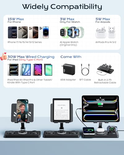 5 in 1 Charging Station for Apple Multiple Devices &65W Adapter, 30W Max Bulit-in Retractable Cable Fast Wired Charging Stand for iPad/Tab, Foldable Magnetic Wireless Charger for iPhone 17/iWatch/Buds