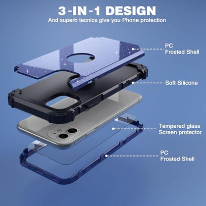 IDweel for iPhone 11 Case with Screen Protector for Men, Luxury Hybrid 3 in 1 Shockproof Slim Fit Heavy Duty Protection Hard PC Cover Soft Silicone Bumper Full Body Case,Glitter Blue Black - color: Glitter Blue Black